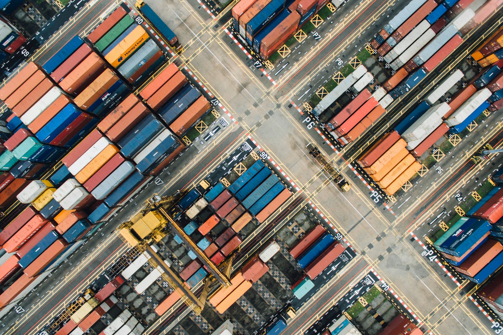 Aerial view of shipping containers at a cargo terminal